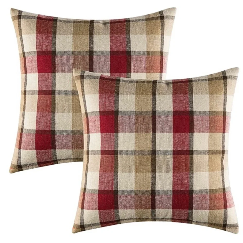 Luxury Home | Rustic Red & Beige Tartan Plaid Farmhouse Throw Pillow Covers